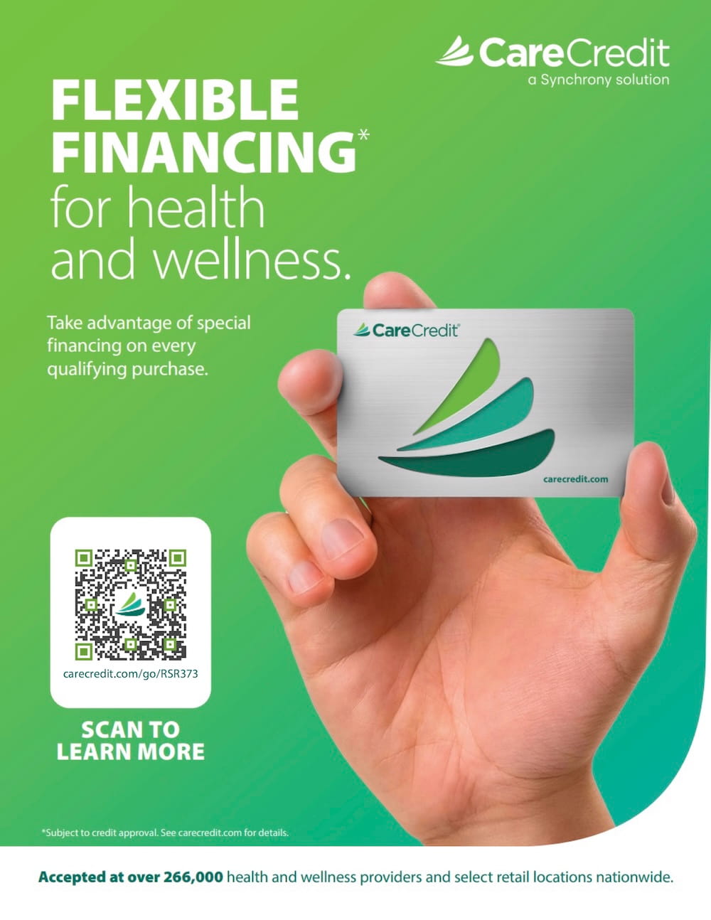 Carecredit CustomLink QRCode 1 | Washington Insight Solutions Hand holding a silver CareCredit card over a green gradient background, with a QR code card on the left and 'Scan to learn more' text.